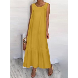 Casual Solid Color Ruffled Hem O-neck Pleated Long Maxi Tiered Dress