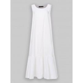 Casual Solid Color Ruffled Hem O-neck Pleated Long Maxi Tiered Dress