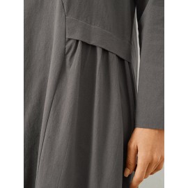 Solid Frog Button Notch Neck Long Sleeve Casual Dress