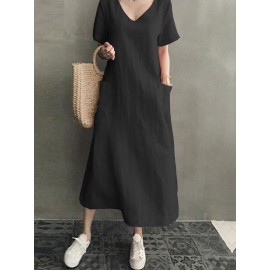 Vintage Short Sleeve V Neck Pockets Dress