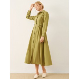Solid Long Sleeve Button Front Lapel Shirt Dress
