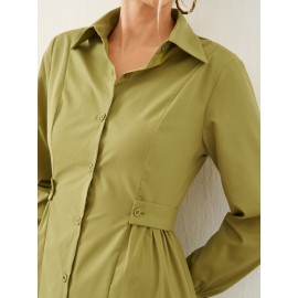 Solid Long Sleeve Button Front Lapel Shirt Dress