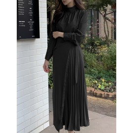 Solid Irregular Pleated Adjustable Belt Long Sleeve Dress