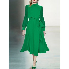 Contrast Puff Sleeve A-line Stand Collar Dress With Belt