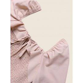 Solid Shirred Tie Front Long Sleeve Square Collar Dress