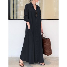 Solid Color Pocket Button Long SLeeve Casual Dress for Women