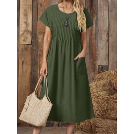 Women Solid Pleated Crew Neck Double Pocket Casual Dress