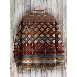 Mens Vintage Ethnic Geometric Pattern Crew Neck Pullover Sweatshirts Winter