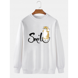 Mens Smile Cat Print Crew Neck Casual Pullover Sweatshirts
