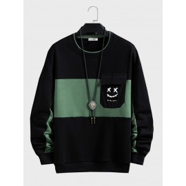 Mens Smile Face Print Patchwork Crew Neck Pullover Sweatshirts Winter