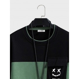 Mens Smile Face Print Patchwork Crew Neck Pullover Sweatshirts Winter