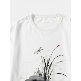 Mens Dragonfly Ink Painting Print Crew Neck Pullover Sweatshirts Winter