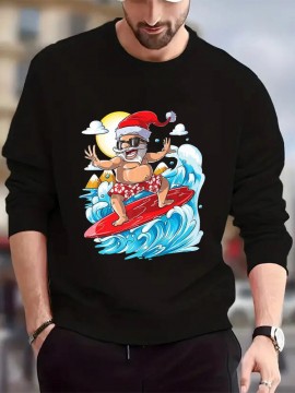 Mens Christmas Santa Claus Surfing Print Crew Neck Pullover Sweatshirts Winter