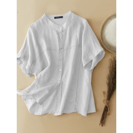 Women Solid Stand Collar Button Up Cotton Short Sleeve Shirt
