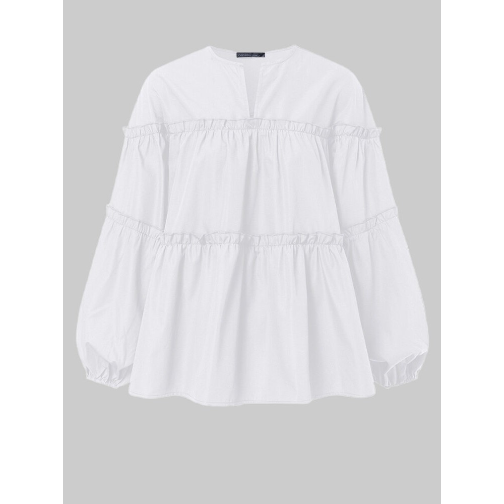 Solid Color Puff Sleeves Patchwork Casual Blouse For Women