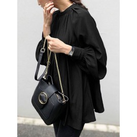 Solid Color Puff Sleeve Stand Collar Blouse