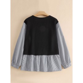 Women Stripe Patchwork Crew Neck Casual Long Sleeve Blouse