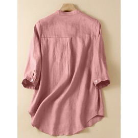 Women Plain Stand Collar Chest Pocket Cotton 3/4 Sleeve Shirt