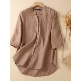 Women Plain Stand Collar Chest Pocket Cotton 3/4 Sleeve Shirt