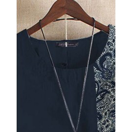 Women Ethnic Paisley Print Patchwork Cotton Short Sleeve Blouse