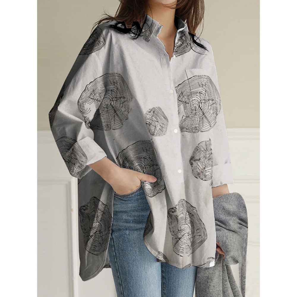 Geometry Print Long Sleeves Casual Loose Blouse With Pockets