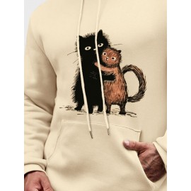 Mens Cute Cat Print Kangaroo Pocket Casual Drawstring Hoodies Winter