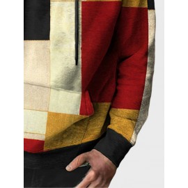 Mens Color Block Kangaroo Pocket Loose Drawstring Hoodies Winter