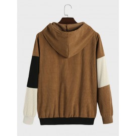 Mens Smile Embroidered Color Block Patchwork Quarter Button Corduroy Hoodies Winter