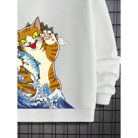 Mens Japanese Wave Cat & Fish Print Long Sleeve Hoodies Winter