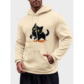 Mens Cartoon Cat Print Kangaroo Pocket Loose Drawstring Hoodies Winter