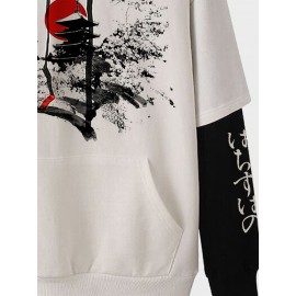 Mens Japanese Landscape Print Contrast Patchwork Drawstring Hoodies Winter