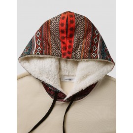 Mens Ethnic Geometric Print Chest Pocket Plush Lined Drawstring Hoodies