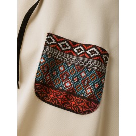 Mens Ethnic Geometric Print Chest Pocket Plush Lined Drawstring Hoodies